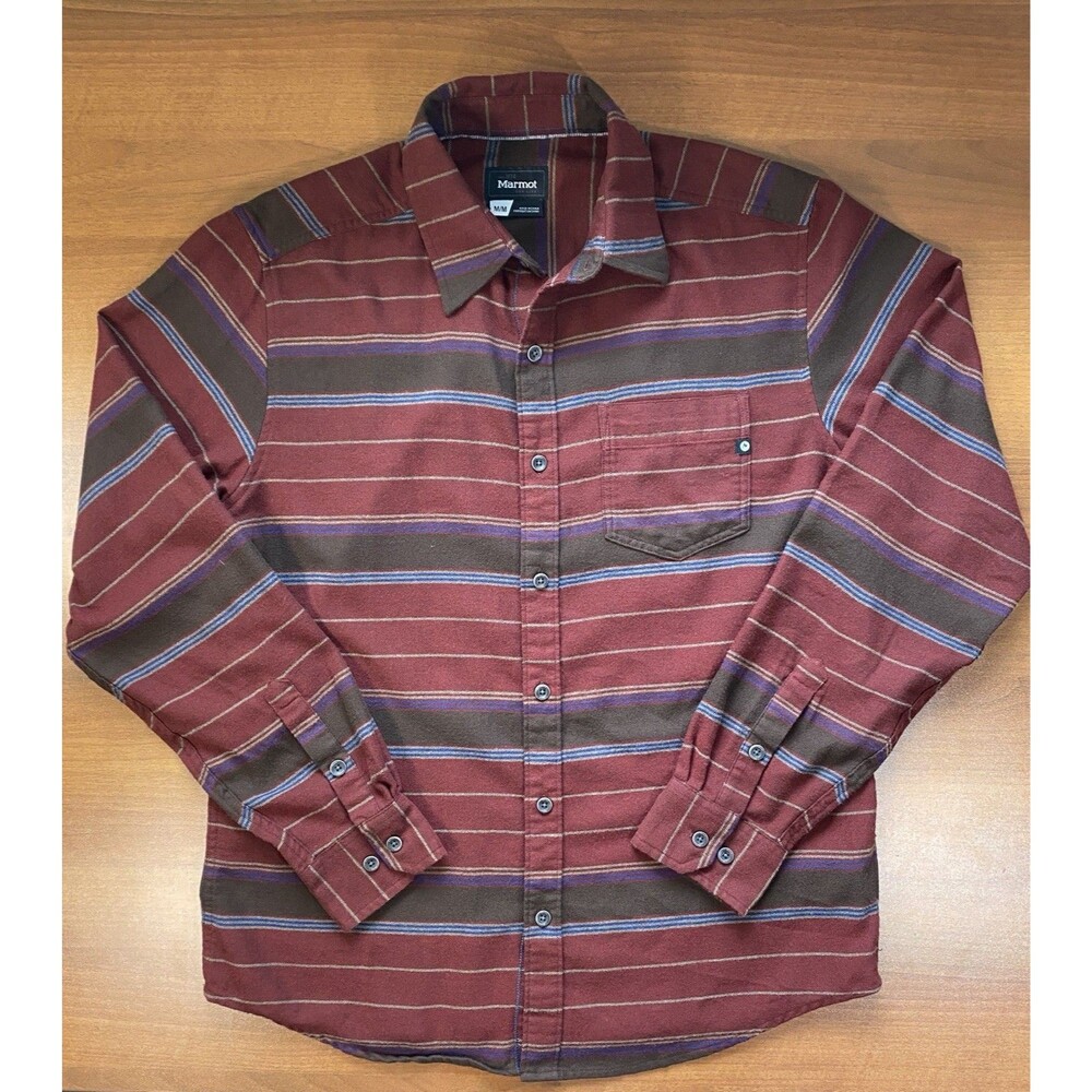 Marmot Men’s M Soft Flannel Shirt Outdoors Striped Burgundy Hiking Casual